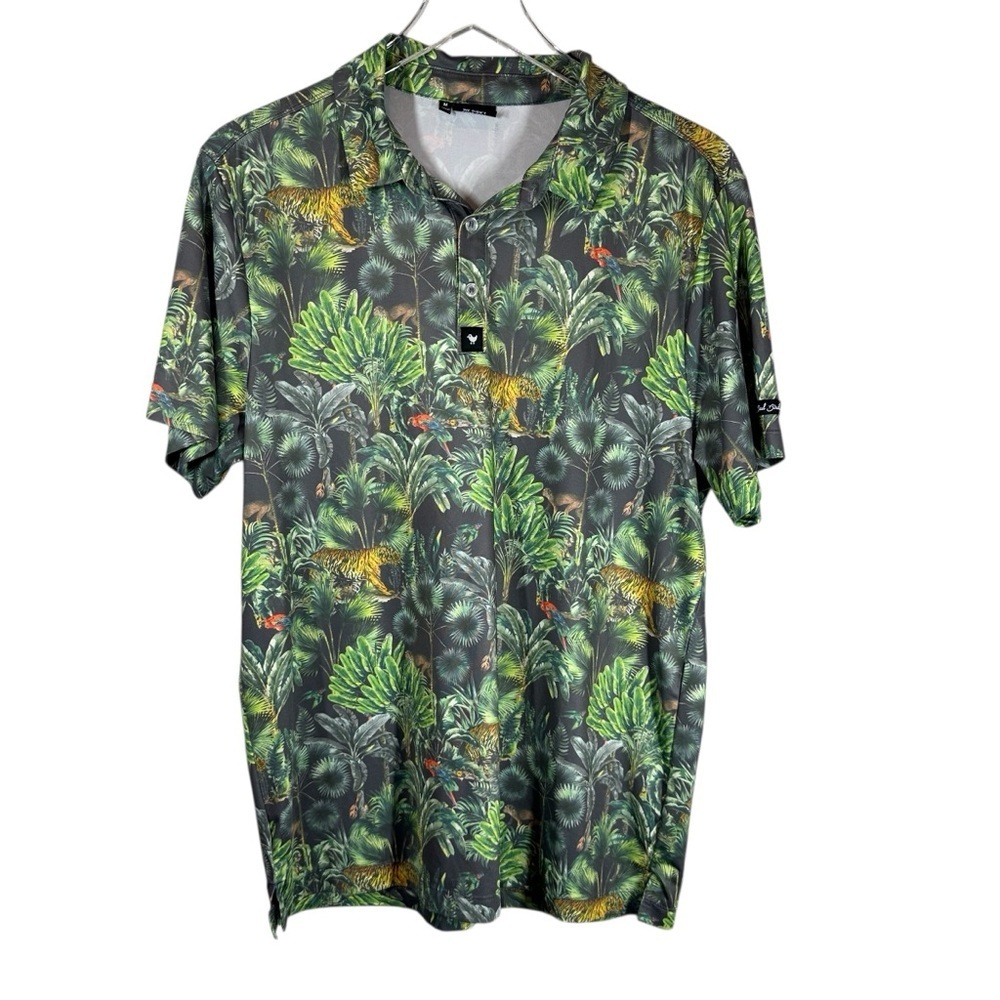 BAD BIRDIE Men's Medium Green Tropical Jungle Print Short Sleeve Golf Polo Shirt
